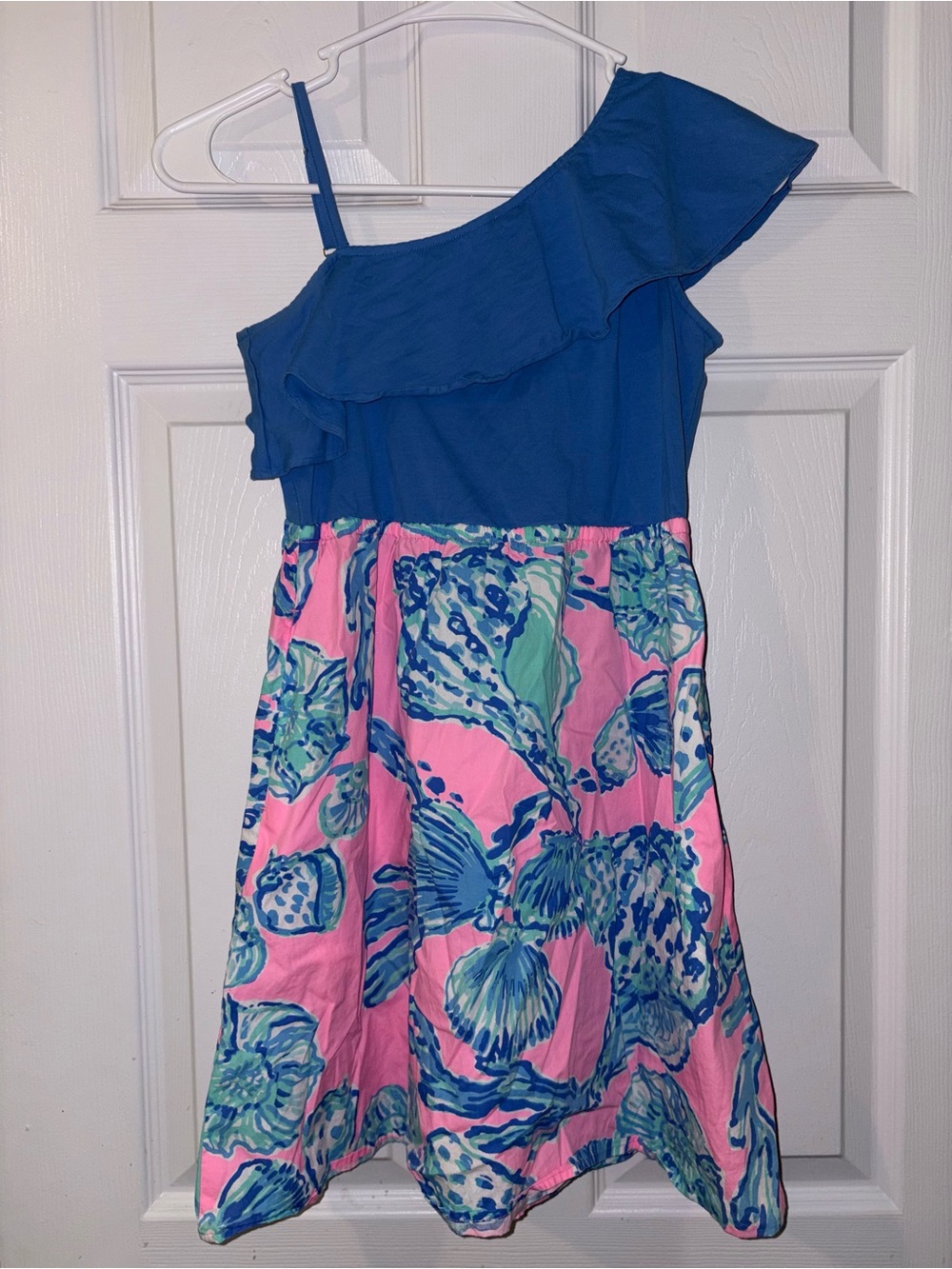Lilly Pulitzer One-Shoulder Blue Top with Pink Floral Skirt